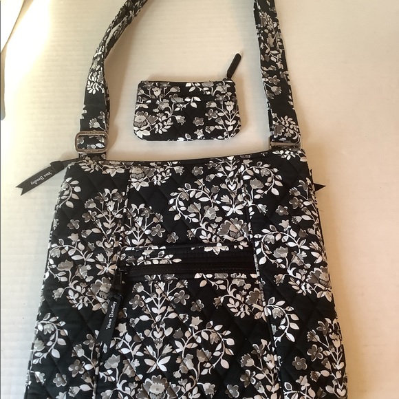 Vera Bradley Crossbody Shoulder Bag With Coin Pouch Black/White/Grey Floral - Picture 12 of 13